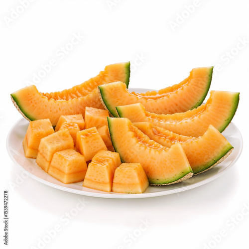 Cantaloupe pieces are arranged on a white plate Orange fruit contrasts the clean white surface