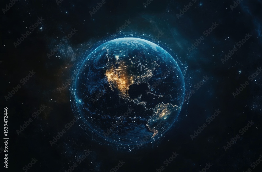 Fototapeta premium Earth in space, detailed view of continents, city lights