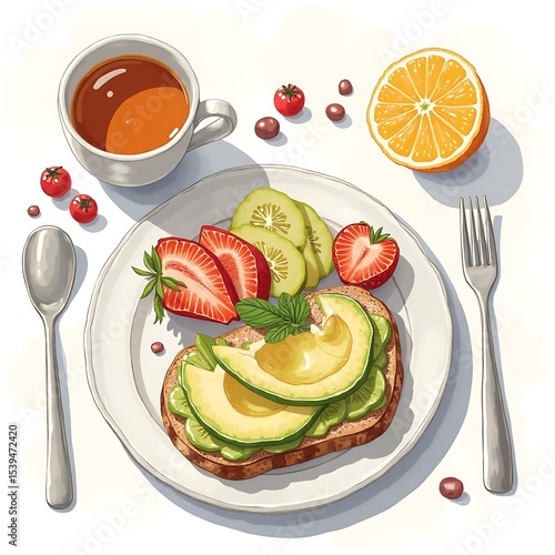 Avocado Toast with Fruit and Tea Served for Brunch