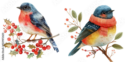 christmas winter bird watercolor vector illustration