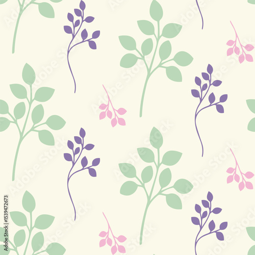 Seamless Floral Pattern with Green, Purple, and Pink Flowers on Light Background
