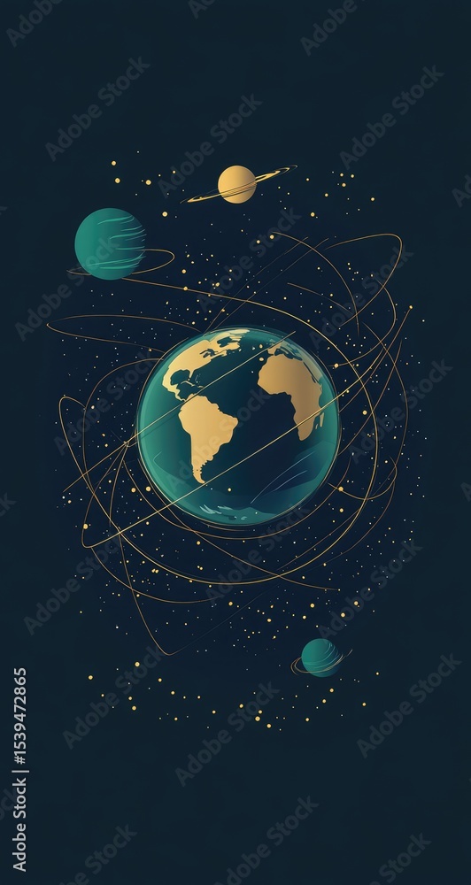 Fototapeta premium Earth in space, surrounded by orbiting planets and swirling golden lines, against a deep teal background, dotted with stars