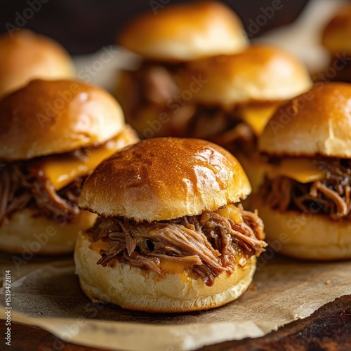 Close-up of several pulled pork sliders on buns