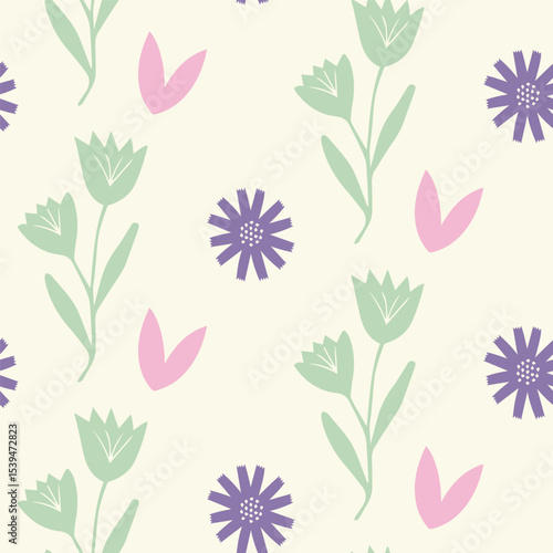 Seamless Floral Pattern with Green, Purple, and Pink Flowers on Light Background