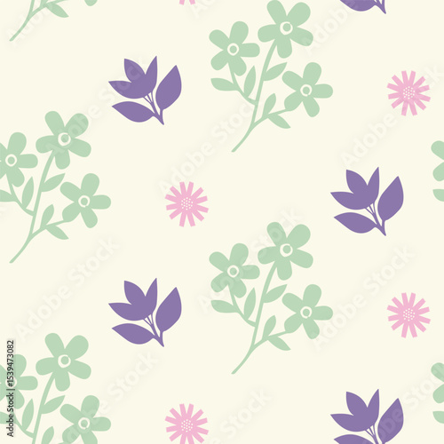 Seamless Floral Pattern with Green, Purple, and Pink Flowers on Light Background