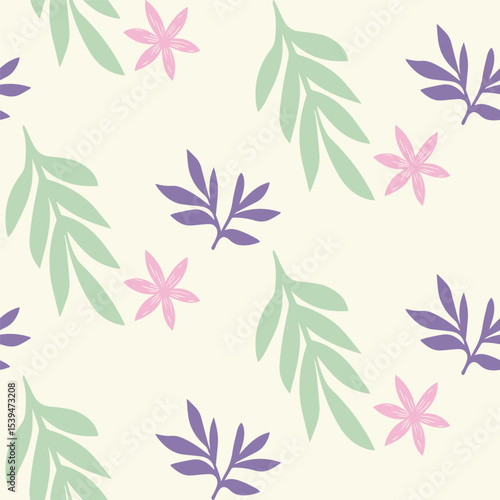 Seamless Floral Pattern with Green, Purple, and Pink Flowers on Light Background