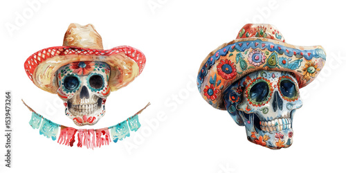 cinco de mayo mexican skull watercolor vector illustration