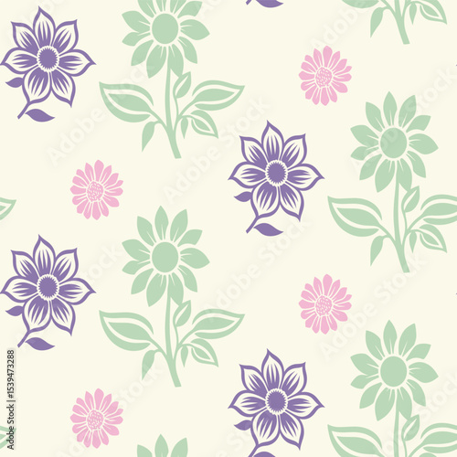 Seamless Floral Pattern with Green, Purple, and Pink Flowers on Light Background