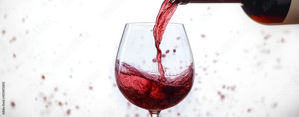 Fototapeta premium Red wine being poured into a clear glass with splashes and droplets captured mid-air against a white background