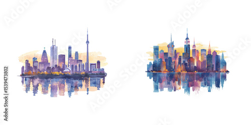 city skyline at dusk racoon watercolor vector illustration