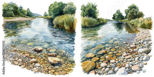 clear river with pebble shore watercolor vector illustration