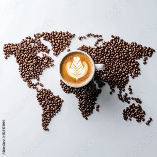 World map of coffee beans with latte art