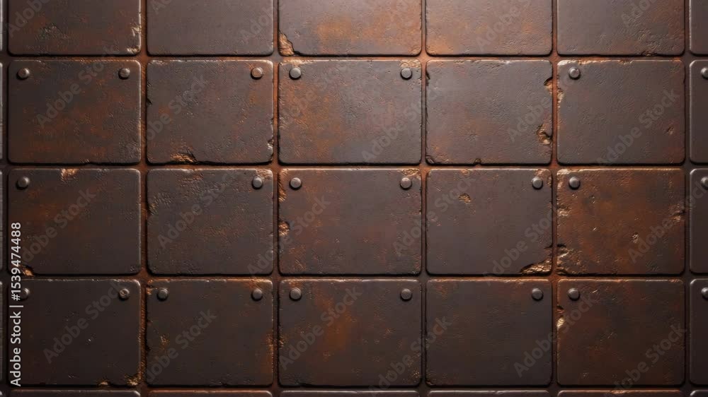 Rusty metal plate texture featuring square panels and bolts with corrosion, creating brown industrial surface showing wear and rugged aged appearance in close up view