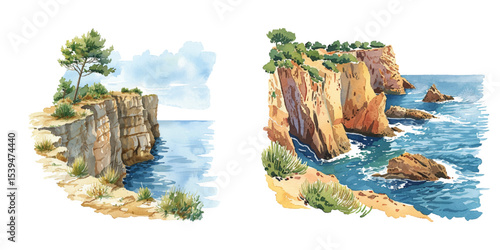 cliffside overlooking the sea watercolor vector illustration
