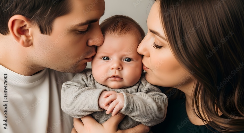 Tender moment: Parents lovingly kiss their wide-eyed baby on the forehead Tender moment: Parents lovingly kiss their wide-eyed baby on the forehead