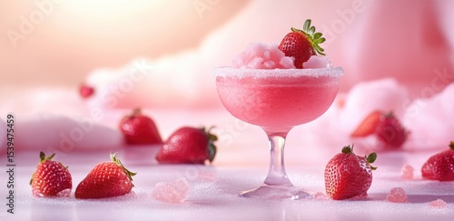 Pink strawberry cocktail with sugared rim and cotton candy background