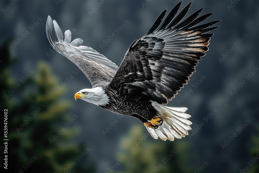Fototapeta premium majestic adult bald eagle soaring with wings fully spread against a blurred natural forest background