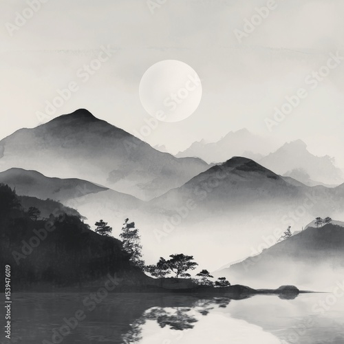 Minimal ink wash style landscape featuring full moon above misty mountains and tranquil lake, evoking serene atmosphere and traditional Chinese aesthetics, symbolic of Mid-Autumn Festival and poetic n