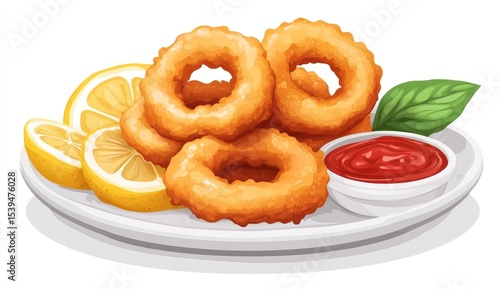 Wallpaper Mural Crispy fried calamari rings on a plate with lemon slices and tomato sauce Torontodigital.ca