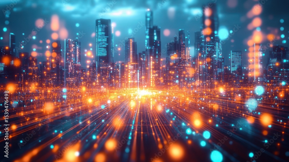 Futuristic cityscape illuminated with glowing orange and blue lights resembling digital data streams, evoking a sense of advanced technology and vibrant energy Futuristic cityscape illuminated with glowing orange and blue lights resembling digital data streams, evoking a sense of advanced technology and vibrant energy