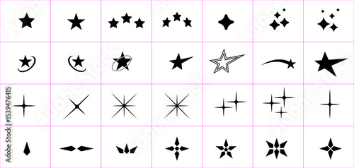 Y2K Shape, Vector Set of Different Black Sparkles Icons, Vector Set Star