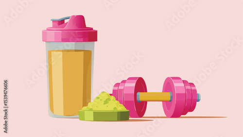 Still life of a protein shake with pink lid, green powder, and pink dumbbell on a light pink background