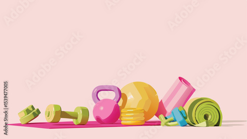 Arrangement of fitness equipment including dumbbells kettlebell and yoga mats on a pink surface