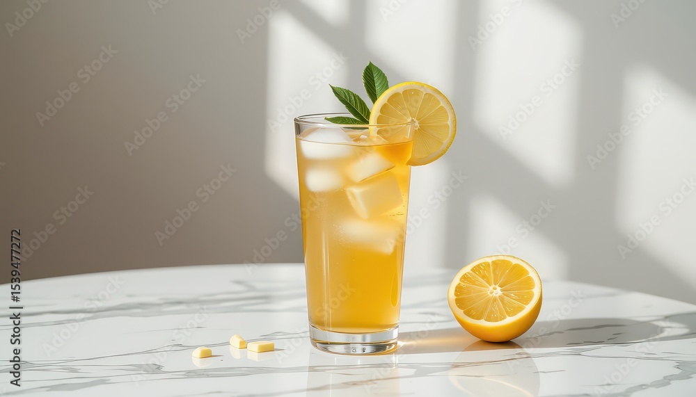 Fototapeta premium Refreshing citrus drink in a tall glass with ice and lemon garnish.