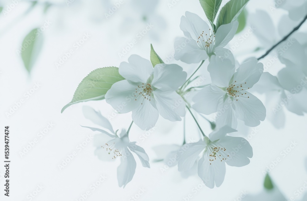 Fototapeta premium Delicate white blossoms and leaves against a soft, light background