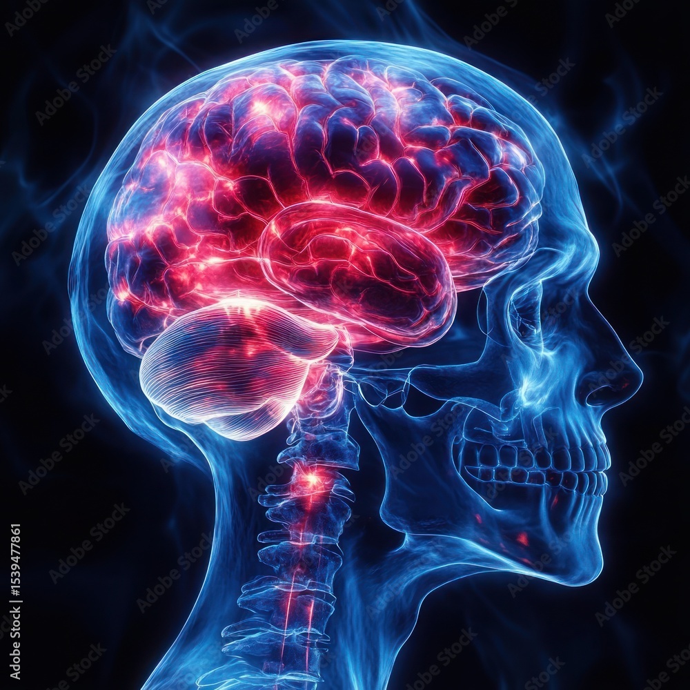 Glowing digital illustration of a human skull side view highlighting the brain and spinal cord with luminous red neural activity or electric impulses Glowing digital illustration of a human skull side view highlighting the brain and spinal cord with luminous red neural activity or electric impulses