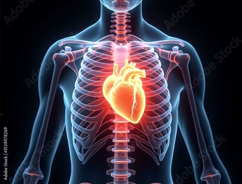 Human circulatory system with the heart and major blood vessels shown inside a transparent skeleton - perfect for educational, medical, and anatomical visuals highlighting internal body function.