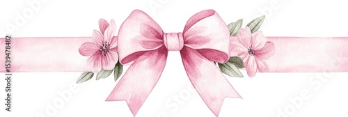 Watercolor ribbon banner with a pink bow and flowers