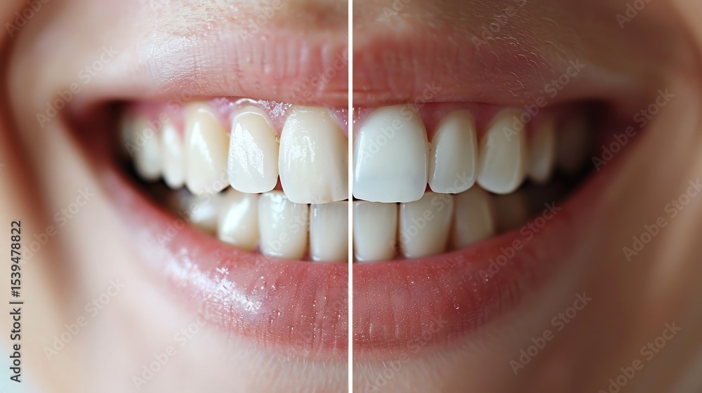 Obraz premium Before and after transformation of teeth after professional whitening split screen effect minimal clean background