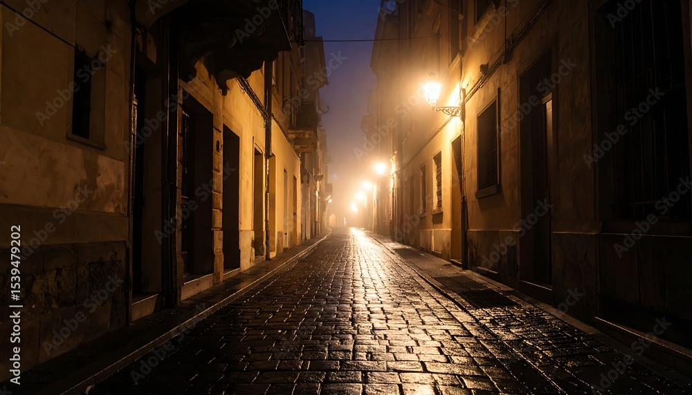 Fototapeta premium Foggy cobblestone street at night.