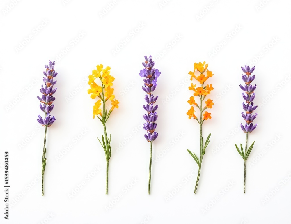 Fototapeta premium Five flower stems, lavender and yellow, arranged evenly on a white background