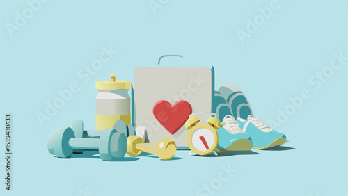 Still life of fitness equipment including dumbbells shoes protein shake and alarm clock on light blue surface