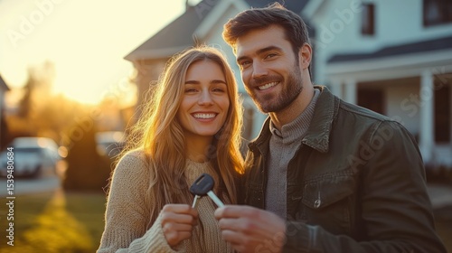 happy young couple standing outside a house holding keys during golden hour with warm sunlight smiling