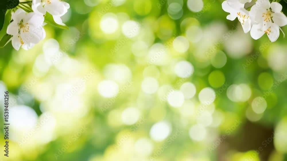 Delicate white blossoms and green leaves frame a soft, blurred bokeh background ideal for spring themes Delicate white blossoms and green leaves frame a soft, blurred bokeh background ideal for spring themes
