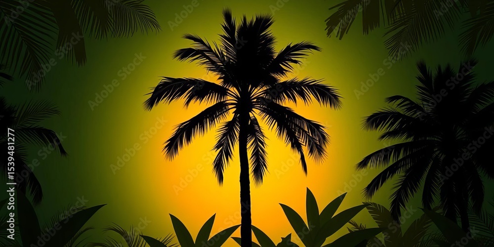 Fototapeta premium Dark silhouette of a large oil palm tree against an abstract tropical pattern, tropical, frond