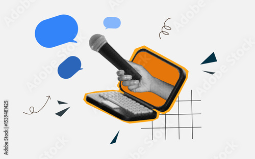 halftone collage, Hand holding microphone from laptop with blue chat bubbles. digital communication, online interviews, podcasting