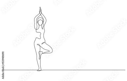 woman exercising yoga standing tree pose one line drawing continuous hand drawn minimalism copy space