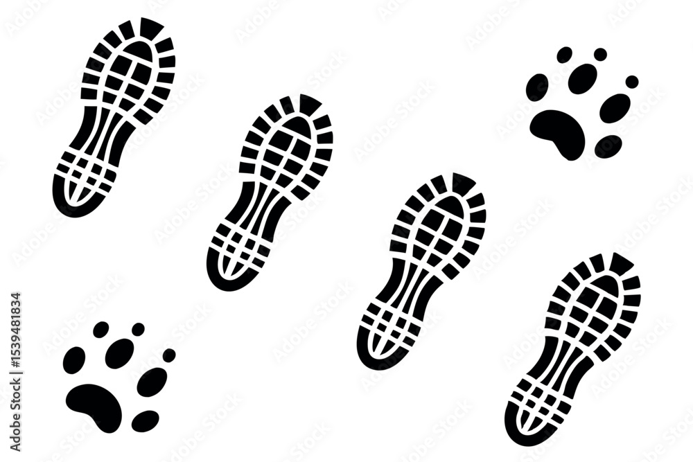 Vector illustration of human footprints and animal paw prints in black Vector illustration of human footprints and animal paw prints in black