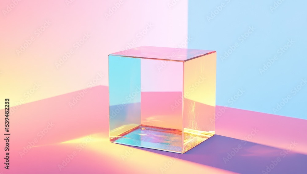 Fototapeta premium Transparent cube on pastel backdrop