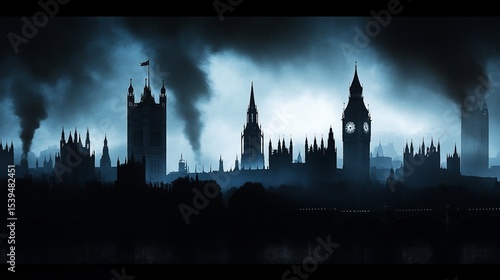 Dramatic Silhouette of London Skyline Under a Moody Sky with Smoke