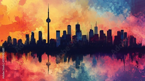 Vibrant Toronto Skyline Watercolor Illustration with Stunning Reflection