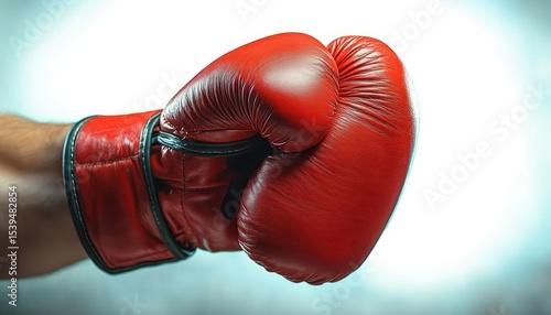 Close-up of a red boxing glove being worn on a clenched fist with a bright background, conveying strength and determination