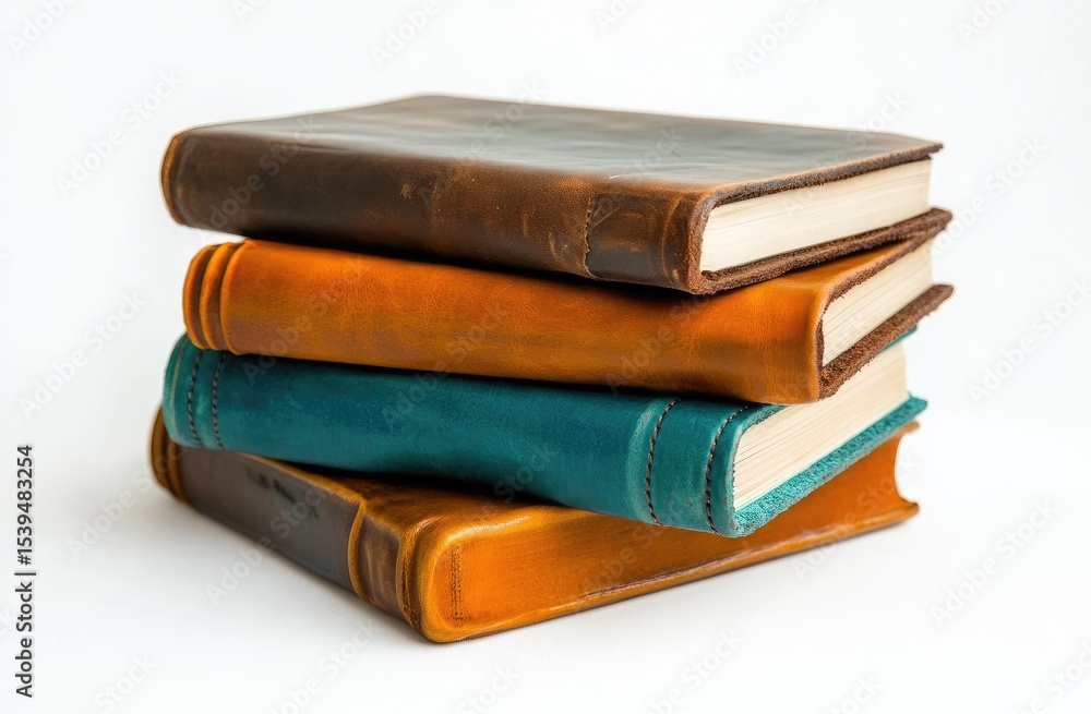 Stack of four leather-bound books in varying shades of brown, orange, and teal, resting on a plain white background Stack of four leather-bound books in varying shades of brown, orange, and teal, resting on a plain white background