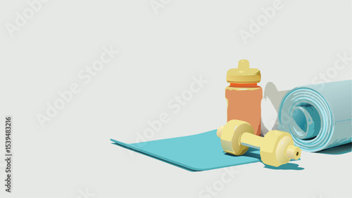 A still life showcasing a dumbbell, water bottle, and a rolled yoga mat on a light background