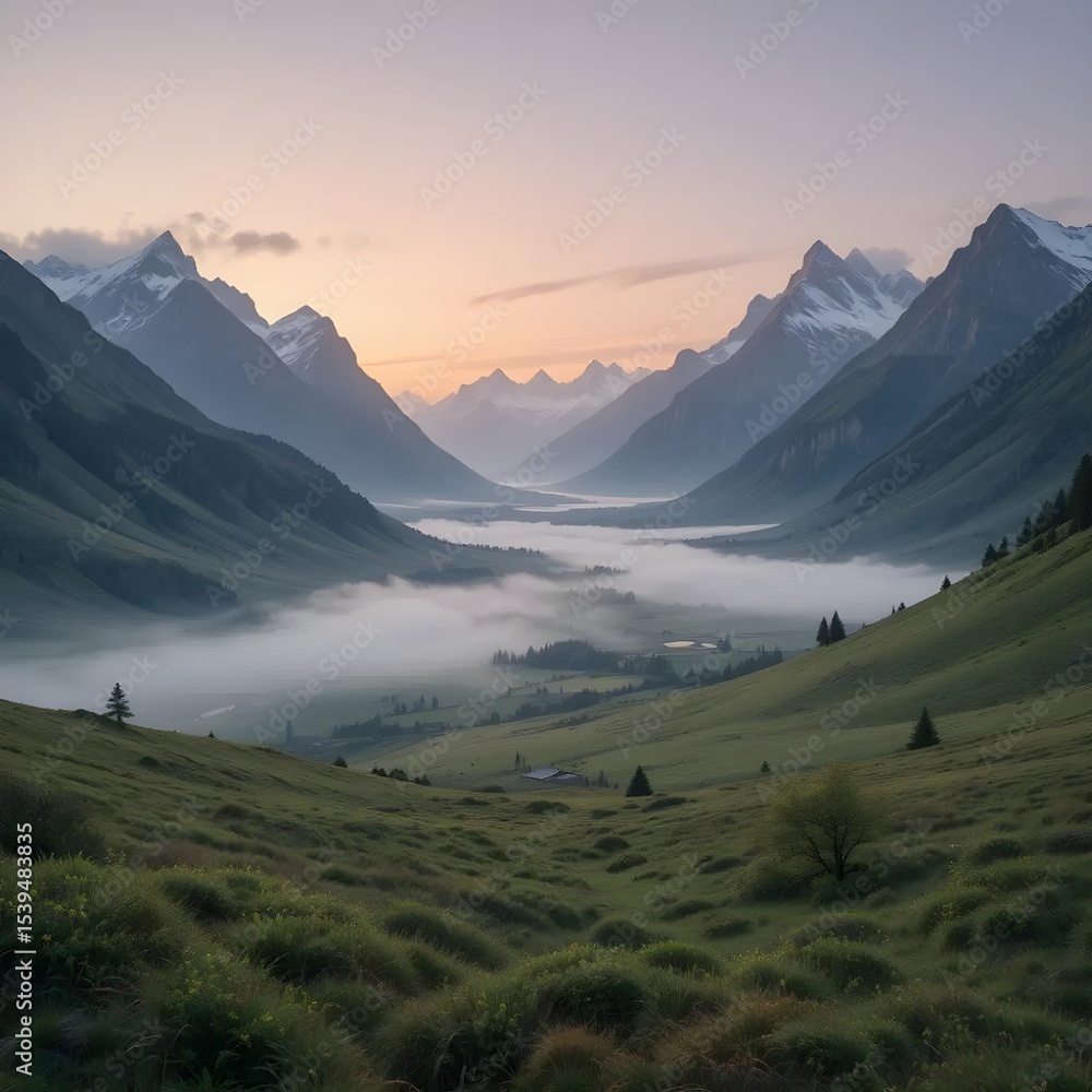 Fototapeta premium A scenic view of a valley filled with fog surrounded by mountains under a pastel sky at dawn