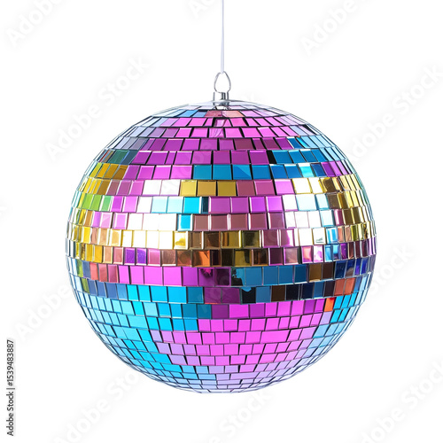Colorful disco ball with reflective tiles party decoration isolated on transparent background.